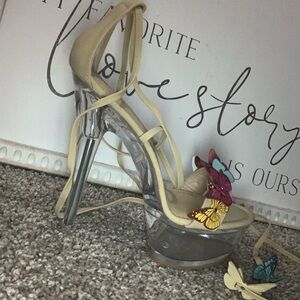 Chase + Chloe Beige Lace-Up Platform Heels with Multi-Color Butterfly Accents